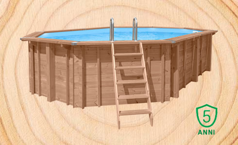 Piscina in legno fuori terra ottagonale allungata RIVA 814: qualità e Sistema a incastro facilitato per una lunga durata.