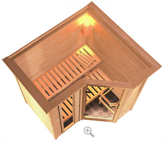 Sauna finlancese classica da casa in kit in legno massello di abete 40 mm Zelda da interno con cornice LED sezione vista dall'alto