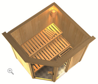 Sauna finlandese classica Fedora 1 coibentata con cornice LED sezione vista dall'alto