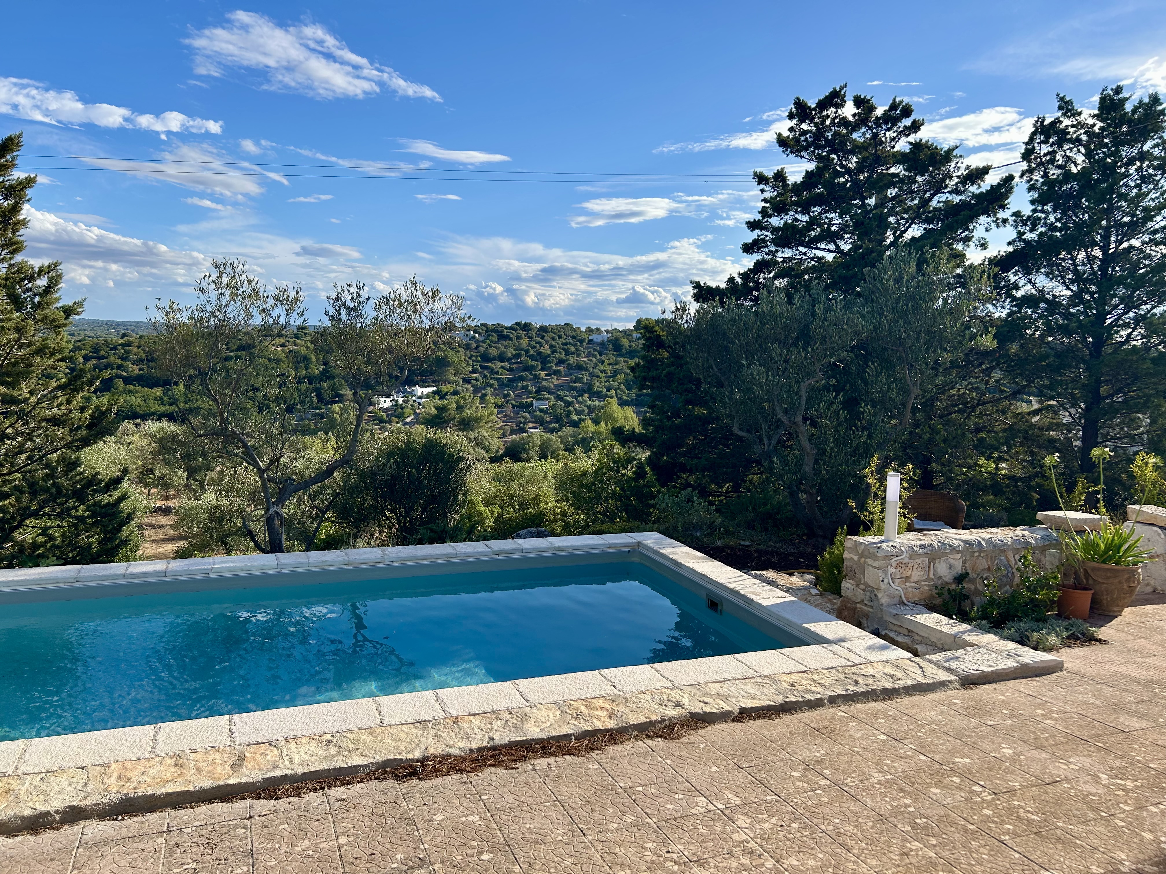 Piscina fuori terra Astrea con vista panoramica su colline e alberi mediterranei