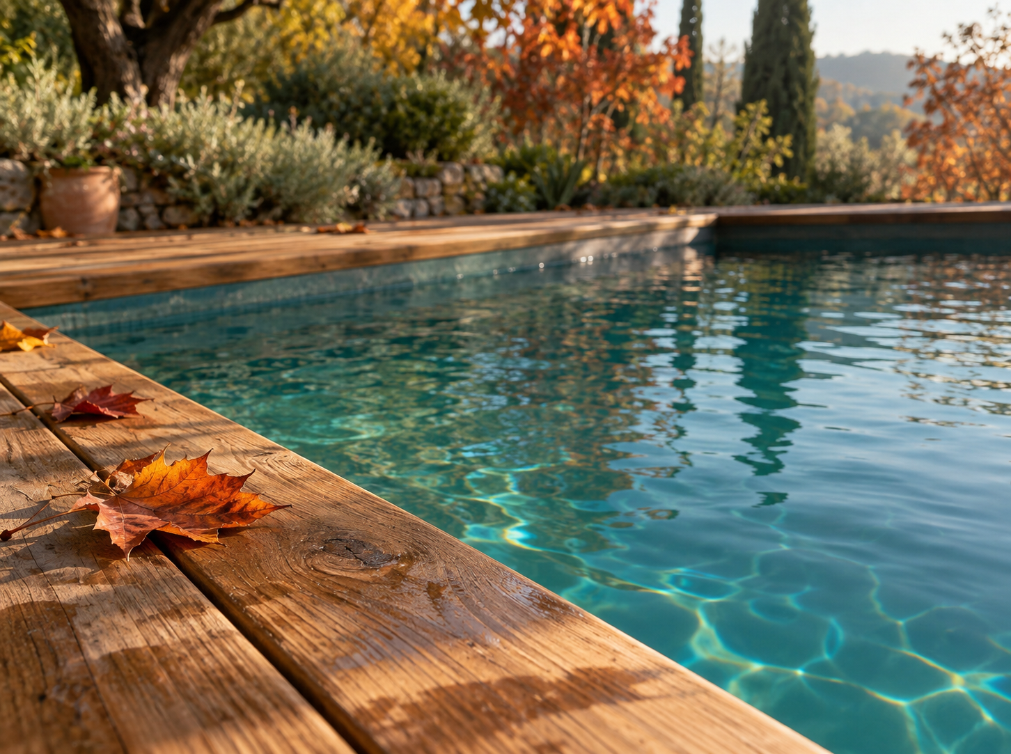 Immagine d’atmosfera: bordo piscina in legno, acqua turchese e foglie autunnali