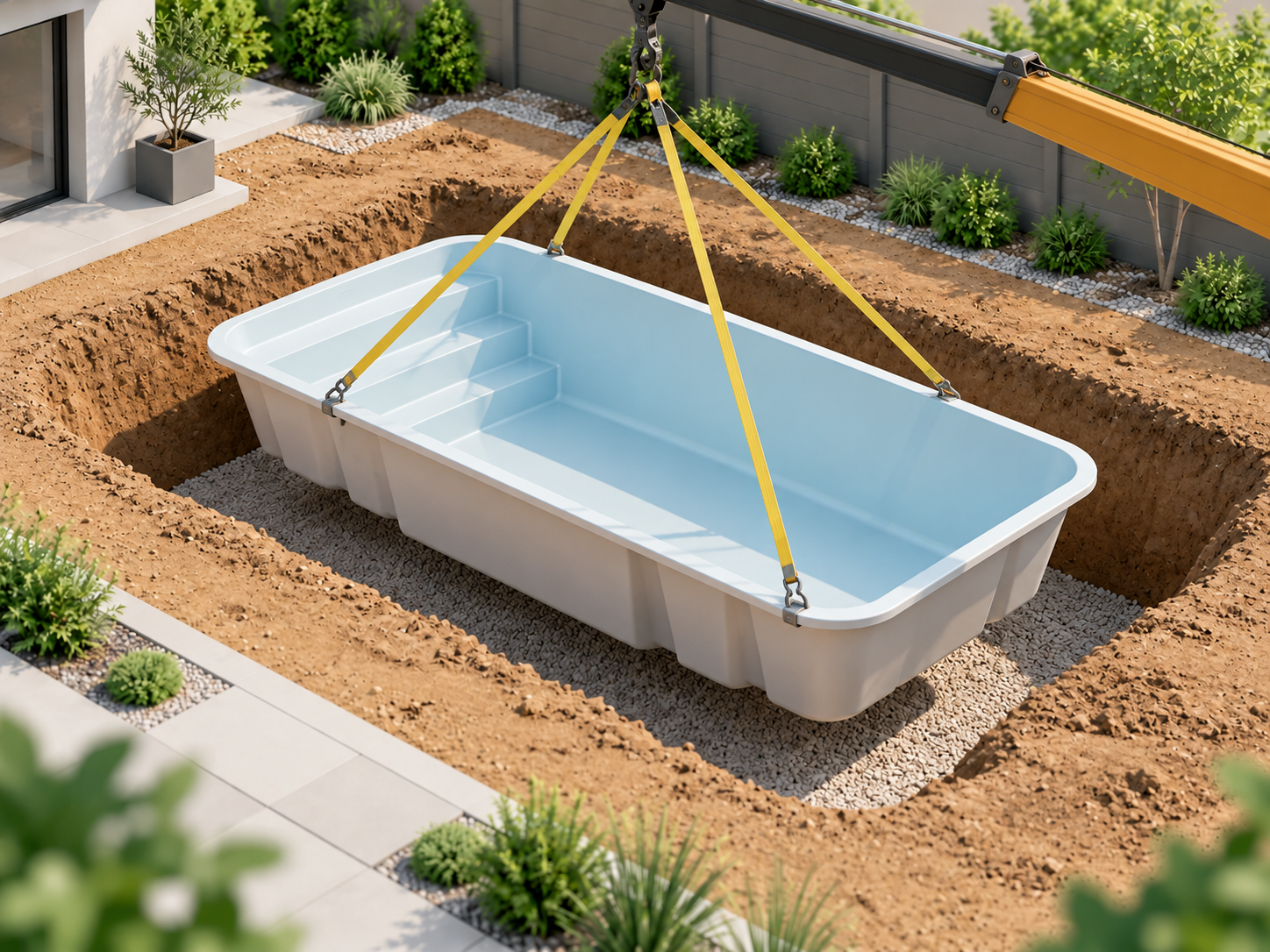Posizionamento della piscina monoblocco in vetroresina nello scavo