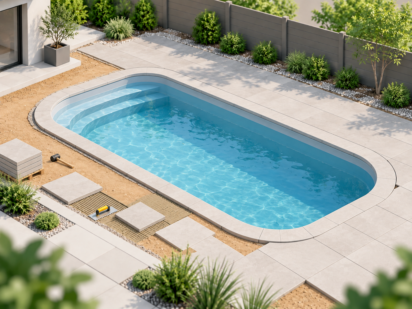 Realizzazione finiture esterne piscina interrata in vetroresina