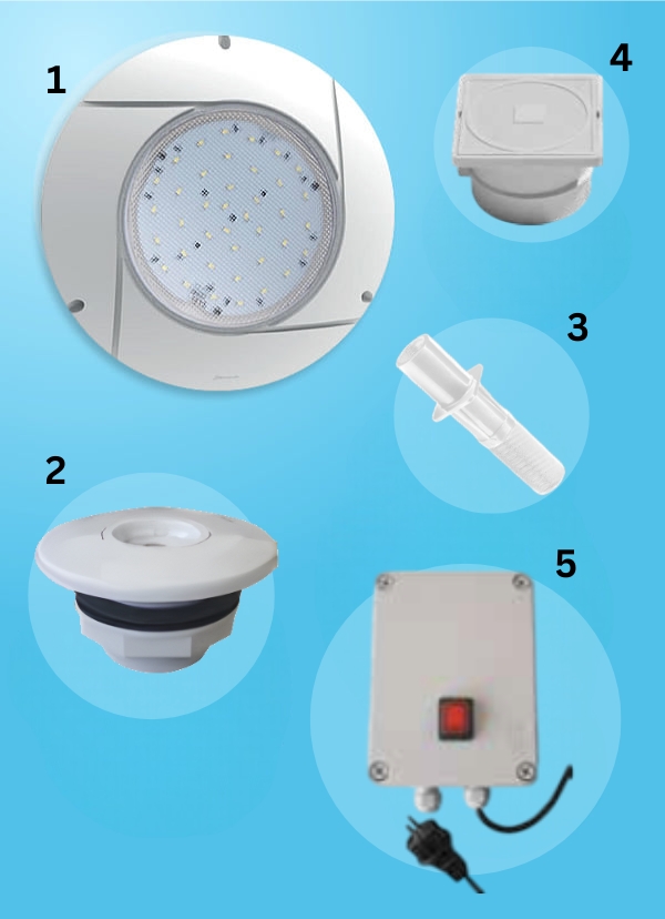 Kit proiettore LED con trasformatore per piscine in cemento da avvitare su bocchetta