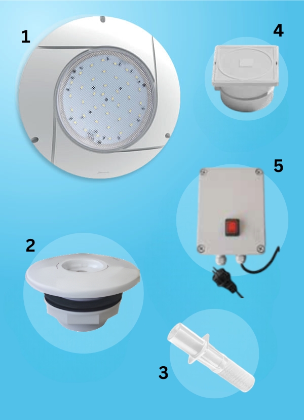 Kit proiettore LED con trasformatore per piscine in cemento da avvitare su bocchetta
