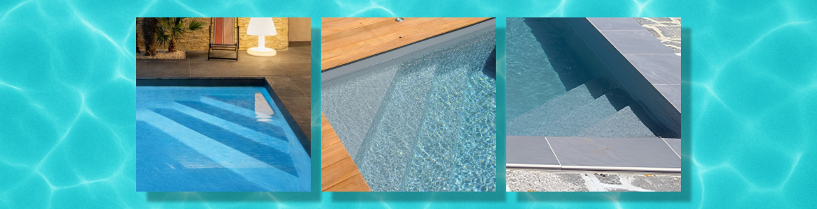 Esempi di piscine fuori terra con scala ad angolo sotto liner installate in giardino - 8,65x3,05 m