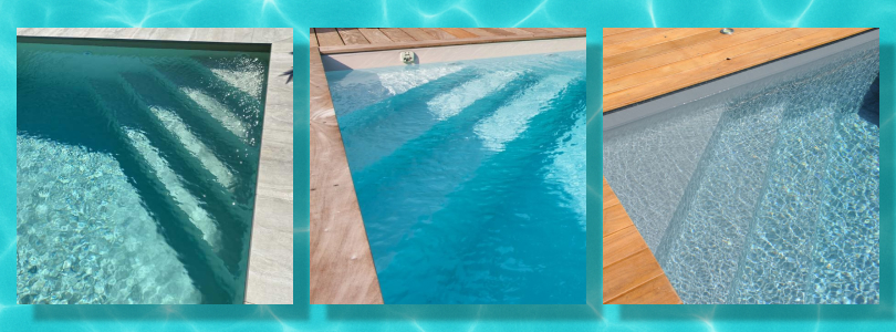 Esempi di piscine in legno rettangolari con scala ad angolo sotto liner installate in giardino