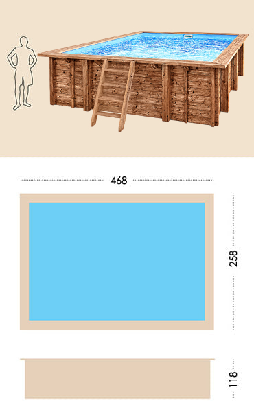 Piscina in legno fuori terra JARDIN CARRE 470: scheda tecnica e dimensioni del modello rettangolare