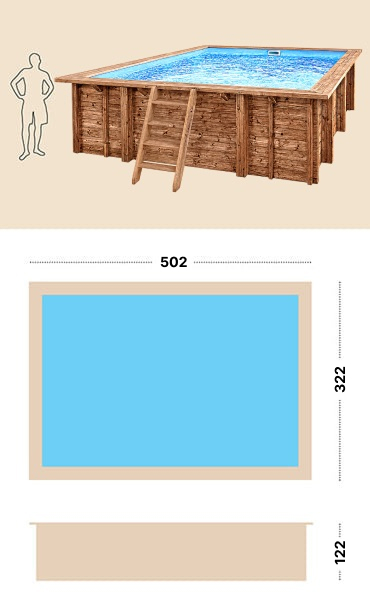 Piscina in legno 5x3 JARDIN CARRE rettangolare: scheda tecnica dimensioni e componenti del modello con scala interna