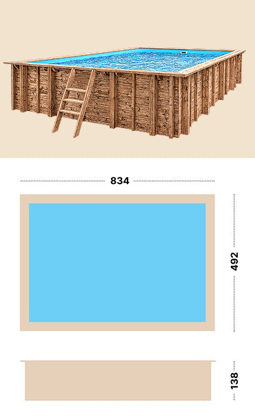 Schema tecnico piscina in legno JARDIN CARRE 8x5 – dimensioni 834x492 cm, altezza 1,38 m, liner blu, filtro sabbia 8 m³/h