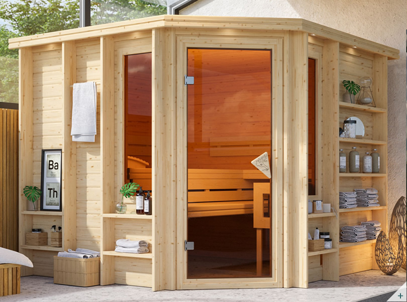 Sauna finlancese classica da casa in kit in legno massello di abete 40 mm Mara Luxe da interno - Cover