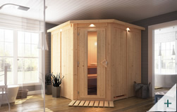 Sauna finlandese classica Gelsomina coibentata con porta coibentata in legno e vetro con cornice LED