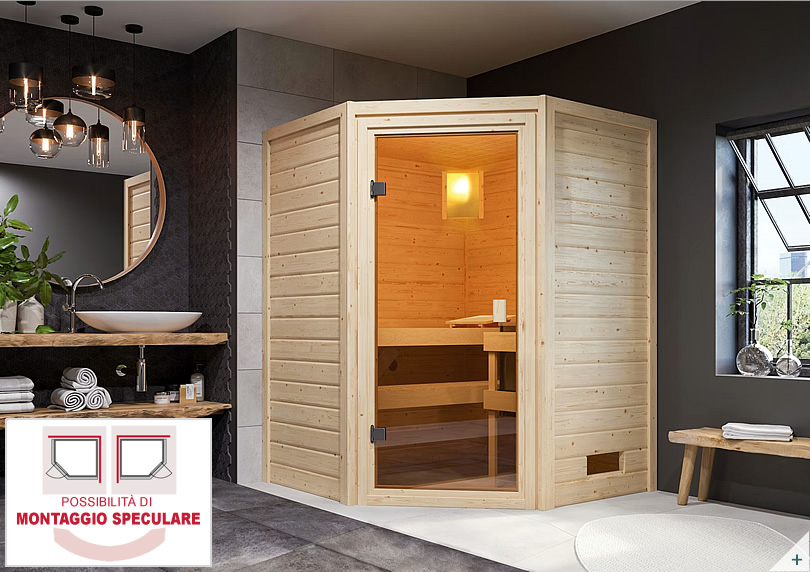 Sauna Finlancese classica da casa in kit in legno massello di abete 38 mm Antonella con porta in vetro bronzato - COVER 