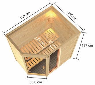 Sauna Finlancese tradizionale in kit Gianna in legno massello di abete 38 mm: dimensioni in vista prospettica