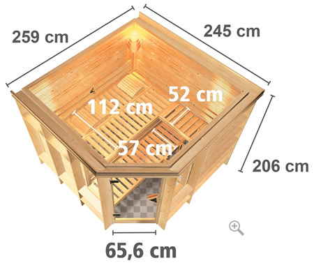 Sauna finlancese classica da casa in kit in legno massello di abete 40 mm Mara Luxe da interno con cornice LED sezione vista dall'alto