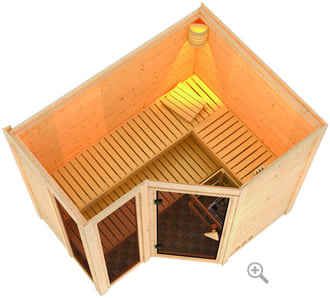 Sauna finlancese classica da casa in kit in legno massello di abete 40 mm Tamara da interno - sezione vista dall'alto
