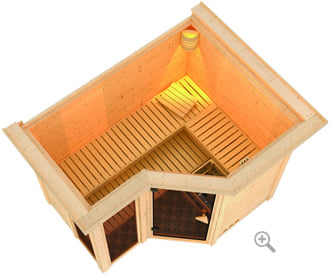 Sauna finlancese classica da casa in kit in legno massello di abete 40 mm Tamara da interno con cornice LED sezione vista dall'alto
