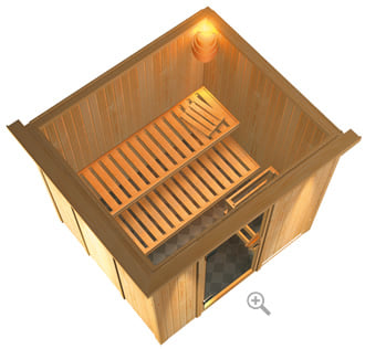 Sauna finlandese classica Dina coibentata con cornice LED sezione vista dall'alto