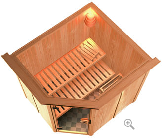 Sauna finlandese classica Serena coibentata con cornice LED sezione vista dall'alto