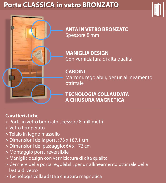 Sauna finlandese classica Fedora 1 coibentata - Porta classica in vetro bronzato - dettaglio