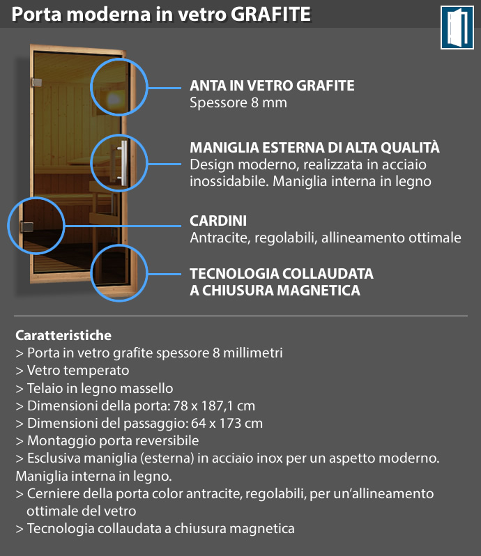 Sauna finlandese classica Carola coibentata - Porta moderna in vetro grafite - dettaglio